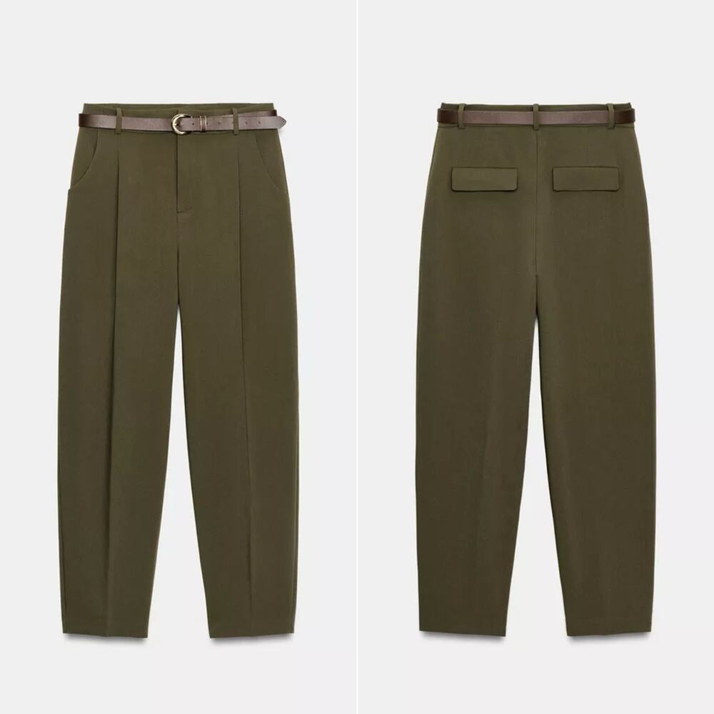 NWT Zara Olive Green Khaki Relaxed Dress Pants Belted